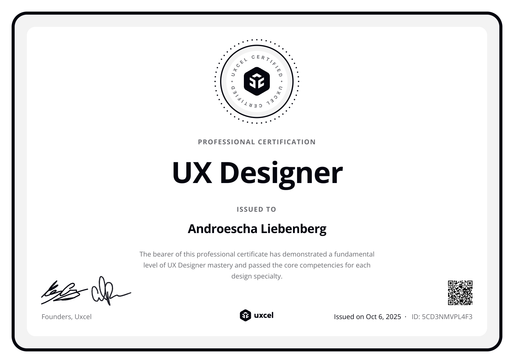 Androescha Liebenberg's certificate